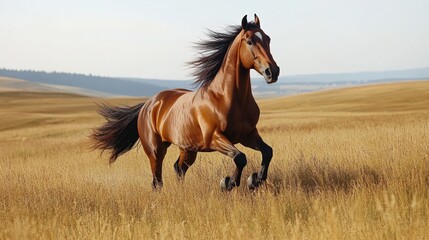 Majestic horse galloping through golden grassland