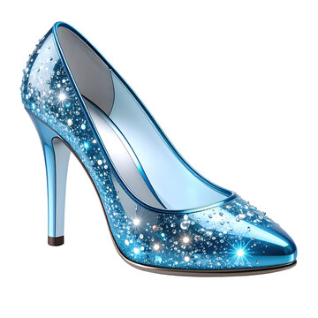 Detailed close-up of a glamorous blue high-heeled shoe isolated on a transparent background.