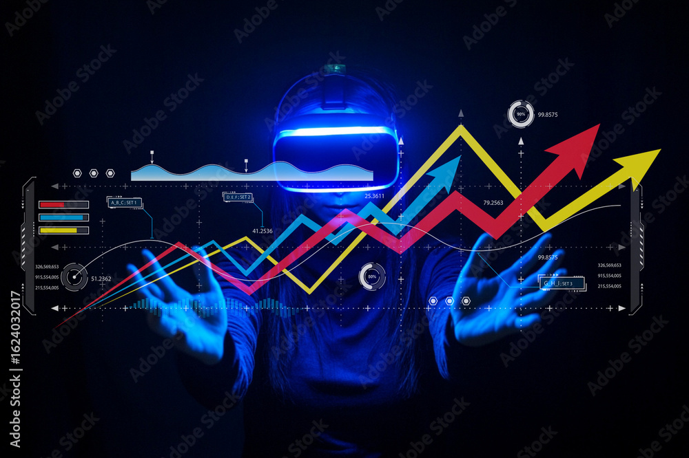 Poster futuristic data visualization concept with virtual reality headset and digital graphs representing g