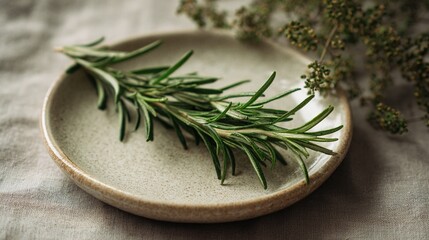 Rosemary sprig on rustic ceramic plate, botanical still life on linen