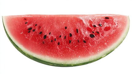 A vibrant, juicy slice of watermelon, showcasing its deep red flesh speckled with tiny black seeds, and a thin, green rind.  The slice is presented against a stark white background