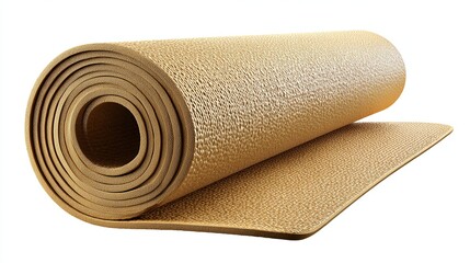 A tan, textured exercise mat rolled partially unfurled, revealing its tightly wound core and slightly bumpy surface against a stark white background