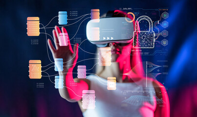 Woman in Virtual Reality Headset Interacting with Digital Data Interface, Cyber Security Concept,...
