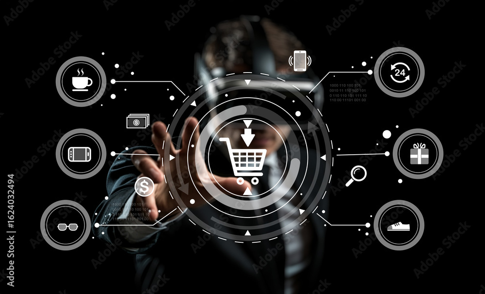 Poster business person interacting with futuristic digital interface showcasing e-commerce concepts and onl