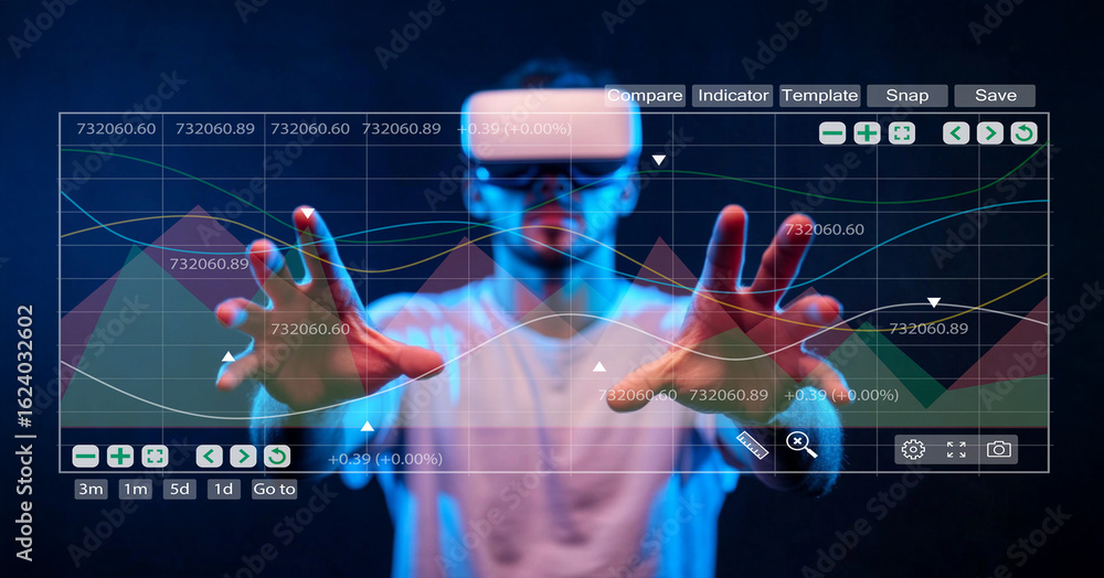 Poster person wearing virtual reality headset interacting with data visualization interface in dark environ