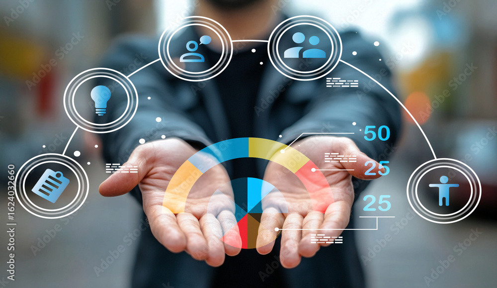 Poster hands holding digital interface with graphs icons for business, analytics, technology, data visualiz
