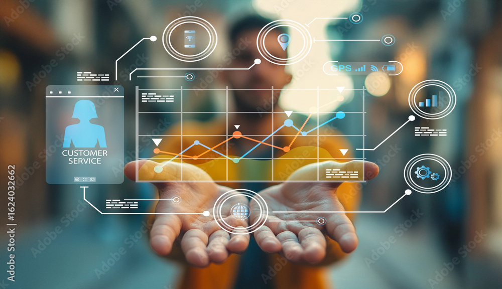 Poster hands presenting digital customer service interface with graphs, charts, and communication icons in 