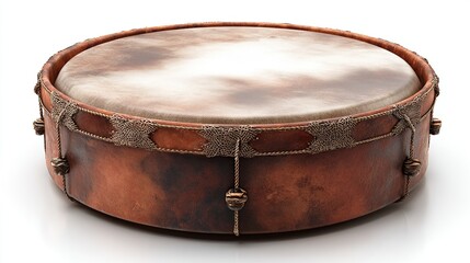 A large, round drum with a light-brown, aged leather drumhead, a dark-brown leather body, intricate metallic lacing, and small, dark knobs around the base.  It rests on a white background