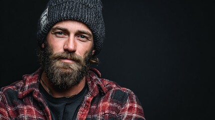 Close-up portrait of a man with a beard wearing a knit beanie and a red and black plaid shirt against a dark background.  He has blue eyes and a serious expression