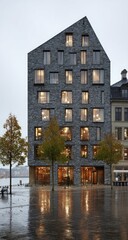 Fototapeta premium Modern stone building, city street, rain