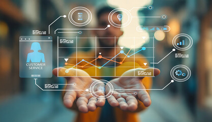 Hands presenting digital customer service interface with graphs, charts, and communication icons in...