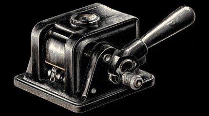 Antique black metal device with handle, dial, and rollers, on black background