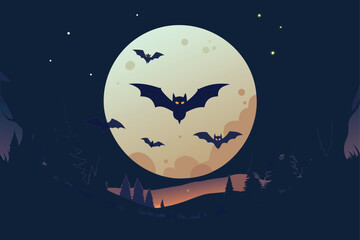 Fototapeta premium -flying-bats-with-glowing-eyes-over-a-full-moon--s.eps