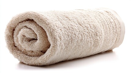 Rolled beige towel with soft, textured fabric against a white background