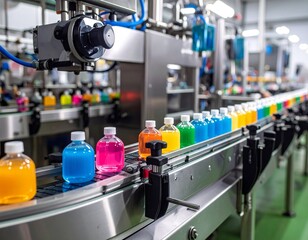 Colorful Liquid Bottles on a Conveyor Belt in a
Factory