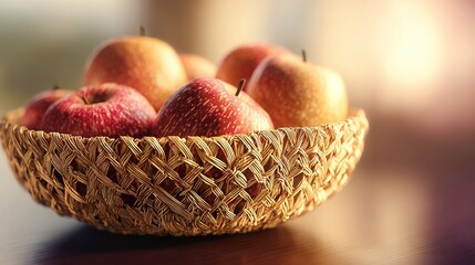 Woven basket filled with ripe, red and yellow apples on a dark surface