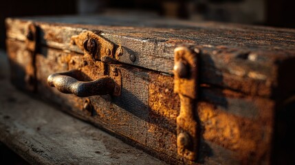 A weathered suitcase displays rust and aging, on a rustic wooden surface, close-up