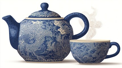 Elegant blue & white patterned teapot sits near a matching cup of steaming tea