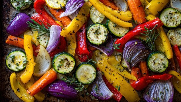 Roasted vegetables, herbs, sheet pan, kitchen, dinner prep