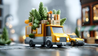 Yellow van, laden with gifts, in snowy town