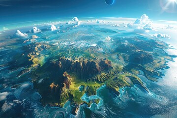 Aerial landscape view of majestic islands surrounded by crystal clear waters under bright sky with clouds and distant planet in space