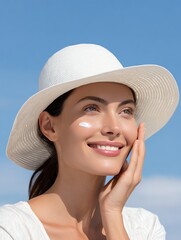 Relaxed sunscreen care in sunlight Smiling woman applying sunscreen outdoors. perfect for skincare and beauty brands promoting relaxed sunscreen care routines
