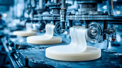 a 3d printer creates a complex, wave-like object from a light-colored filament, showcasing modern manufacturing.