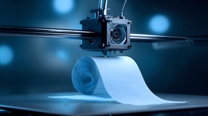  A 3D printer is shown creating a long, curved strip of plain white material