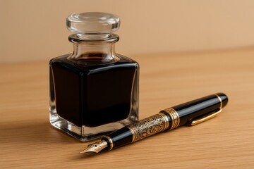 Still life of a bottle of ink and a fountain pen on a wooden surface