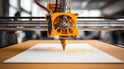 A 3D printer is assembling a large, neat stack of white paper with its yellow and black printhead.
