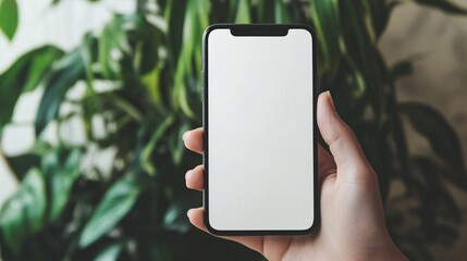 Hand Holding Smartphone with Blank Screen Against Green Plant Background