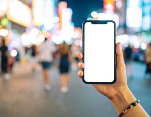 Diverse Female Hand Holding Blank Smartphone: Urban Street Background. Mobile App, Social Media & Lifestyle Mockup