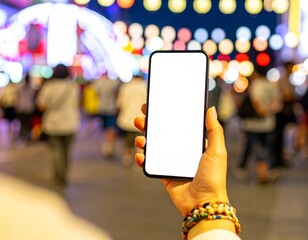 Diverse Female Hand Holding Blank Smartphone: Urban Street Background. Mobile App, Social Media & Lifestyle Mockup