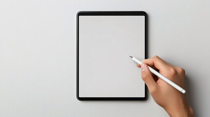 Hand Using Stylus on Blank White Tablet Screen