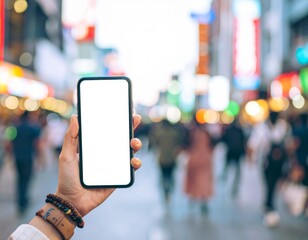 Diverse Female Hand Holding Blank Smartphone: Urban Street Background. Mobile App, Social Media & Lifestyle Mockup