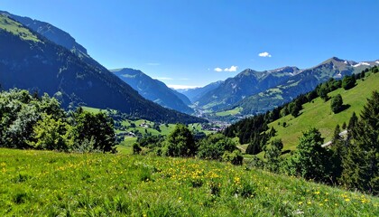 Alpine Valley Panorama: Breathtaking View of Swiss Mountains and Lush Meadows