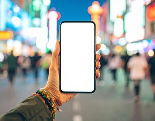 Diverse Female Hand Holding Blank Smartphone: Urban Street Background. Mobile App, Social Media & Lifestyle Mockup