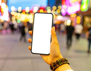 Diverse Female Hand Holding Blank Smartphone: Urban Street Background. Mobile App, Social Media & Lifestyle Mockup