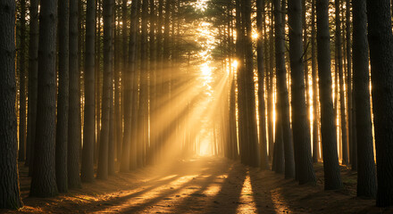 Obraz premium Golden Sunlight Filtering Through a Dense Forest of Tall Trees Creating a Mystical Ambiance