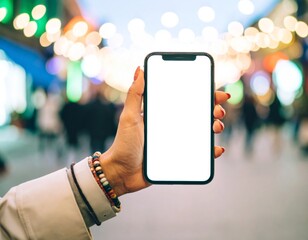 Diverse Female Hand Holding Blank Smartphone: Urban Street Background. Mobile App, Social Media & Lifestyle Mockup
