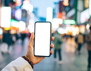 Diverse Female Hand Holding Blank Smartphone: Urban Street Background. Mobile App, Social Media & Lifestyle Mockup
