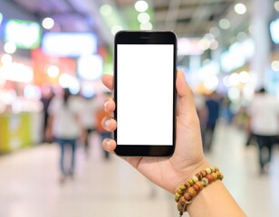 Diverse Female Hand Holding Blank Smartphone: Urban Street Background. Mobile App, Social Media & Lifestyle Mockup
