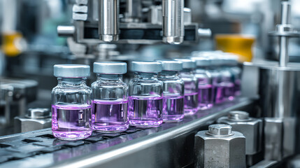 A line of clear glass vials containing a purple liquid, moving along a sterile, automated production line.