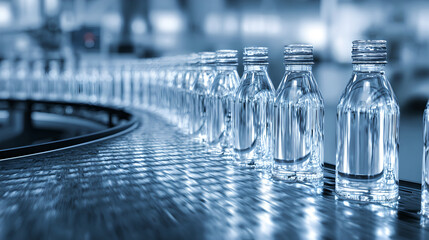A long line of clear glass bottles moving on a factory conveyor belt