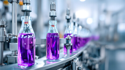 A bottling machine is filling clear glass bottles with a glowing purple liquid