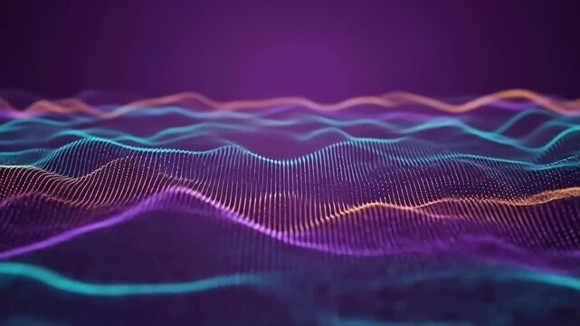 Abstract Digital Landscape With Flowing Particle Waves In Vibrant Colors Against A Dark Purple Background