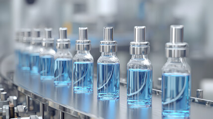 A line of clear glass vials containing a blue liquid, moving along a sterile, automated production line.