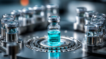 A line of clear glass vials containing a blue liquid in automated production line.