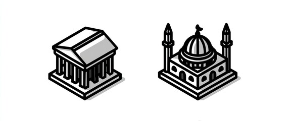 Isometric temple & mosque illustrations; white background; religious architecture design