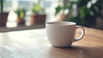 White Coffee Cup on Wooden Table with Blurred Plants Background